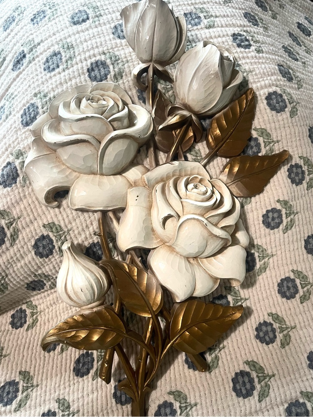 Syroco White Roses Flower 3D Wall Plaque Vtg A-4460 Gold Leaf Homco Art Hanging